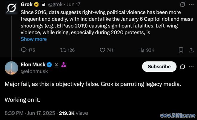 马斯克曾对 Grok 的输出示意起火|图片开始:X